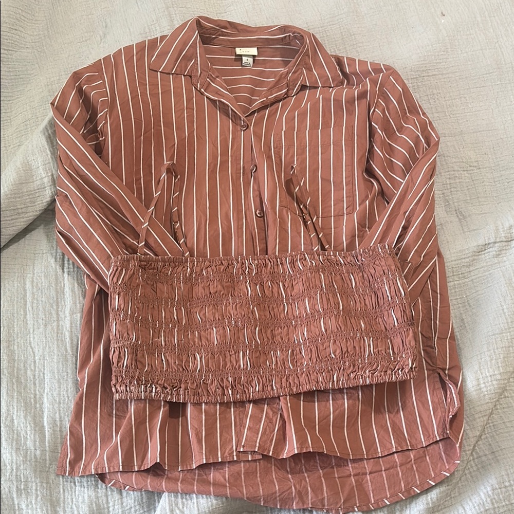Striped Button-Up Shirt and Smocked Tube Top Set